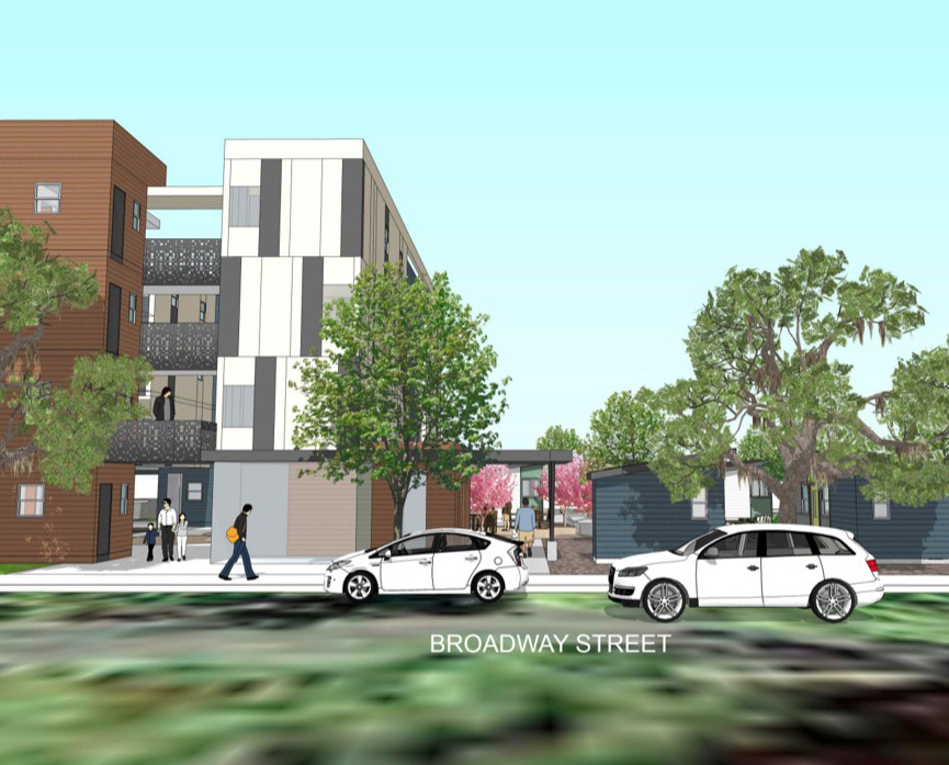 Rendering of 4-story Broadway Street multi-unit housing building with trees, pedestrians, and cars.